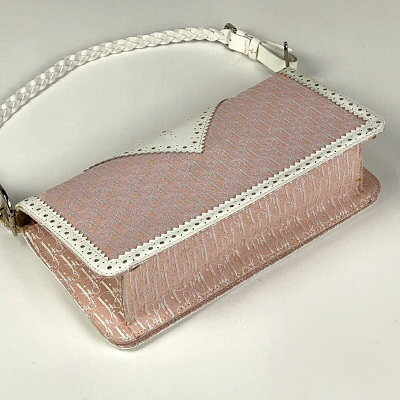 Dior Trotter White  Pink Shoulder Pattern Canvas Handbag Christian - Picture 1 of 7